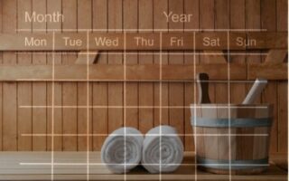 wall section of a sauna, with a water bucked and towels displayed, all of which has a calendar overlayed - visually representing long term sauna effects